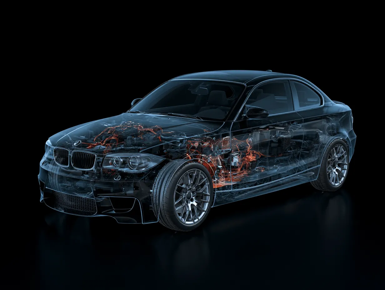 Vue radiographique d'une BMW révélant son système électronique et son câblage